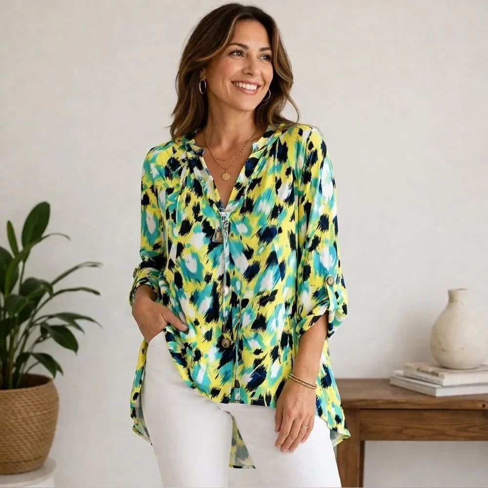 NWT For Cynthia Lightweight Abstract Print Button Front Top Linen Blend– Large